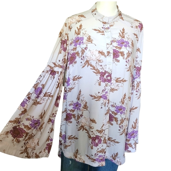 Free People Easy Girl Bell Sleeve Floral Top NEW Western Floral Tunic Oversized - Picture 8 of 17